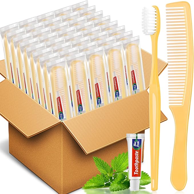 NICEMOVIC 360 Pack Disposable Toothbrushes Bulk with Toothpaste and Comb Travel Size Toothpaste Set Homeless Care Package Supplies for Bulk Individually Wrapped Disposable Travel Hotel Charity Yellow