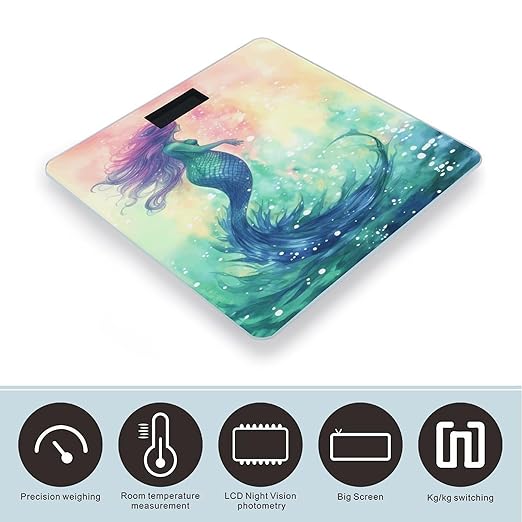 Beautiful Mermaid Tail Bathroom Scale Large LCD Backlight Display Digital Scale Rounded Corners Body Scales Automatic Power On/Off Bathroom Scales for Home Bedrooms