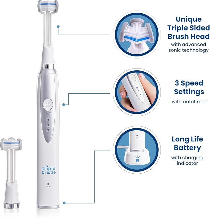 Triple Bristle Kids Sonic Toothbrush | 1 Pack | 3 Sided Toothbrush to Clean Teeth and Gums | Dentist Created &amp Approved | Fun Sticker Rewards | Rechargeable Three Sided Toothbrush for Kids