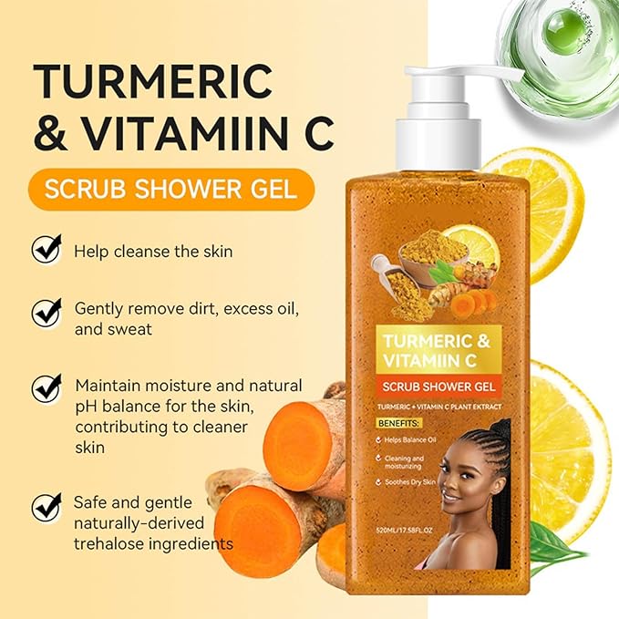 Turmeric Vitamin C Scrub Body Wash - Moisturizing Hydrating Exfoliating Body Wash Deep Cleansing Evens Skin Tone Improves Texture Gentle Exfoliating Shower Gel for All Skin Types 17.58 oz