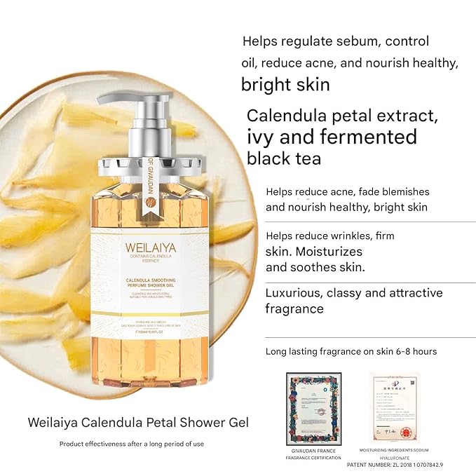3X Weilaiya Calendula Shower Gel 450mL each+Free Weilaiya Pecan Niacinamine Bright Smooth Body Scrub 200mL
