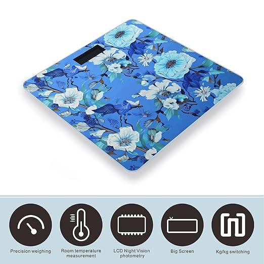 Blue Floral Bathroom Scale Automatic Power On/Off Body Scales LCD Backlight Display Square Digital Scale Rounded Corners Bathroom Scales for Home Bedrooms