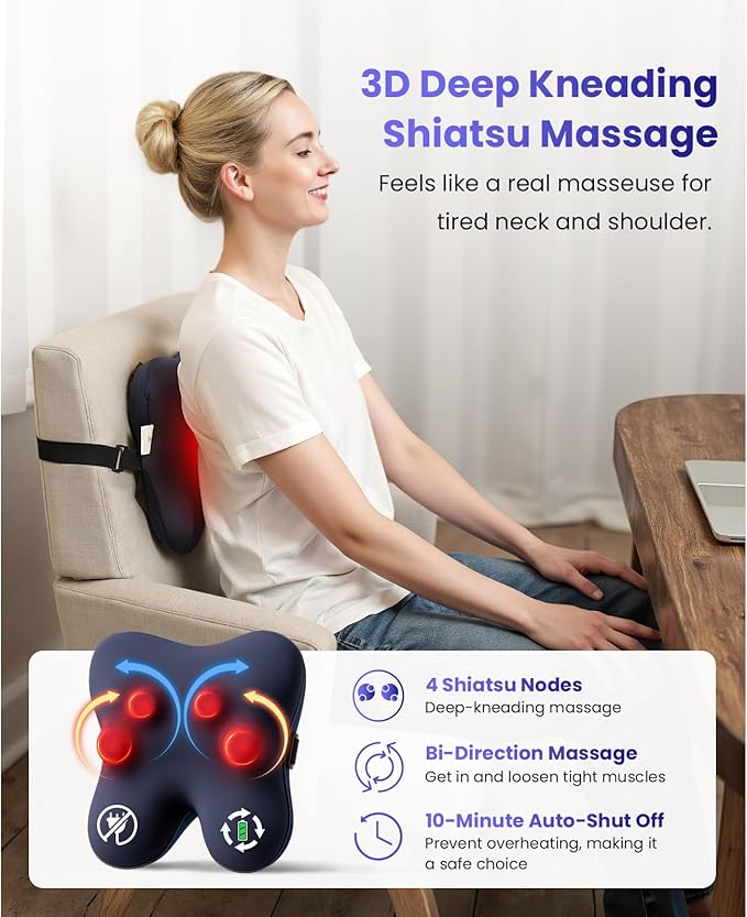 BOB AND BRAD Cordless Back Massager with Heat FSA Eligible HSA Shiatsu Back Massager for Pain Relief Deep Tissue 3D Kneading Massage Pillow for Pain Relief Soothing Full-Body Relief for Family