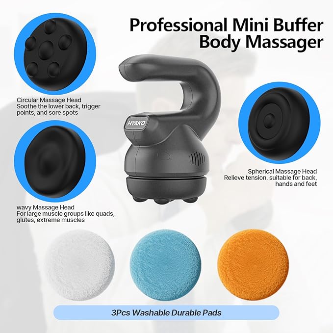 HYAKO Handheld Professional Mini Orbital Buffer Relief Massager Adjustable Multi-Speed Vibration Deep Tissue Body Chiropractic Massager for Neck Shoulder LegBack muscle pain relief massage therapy