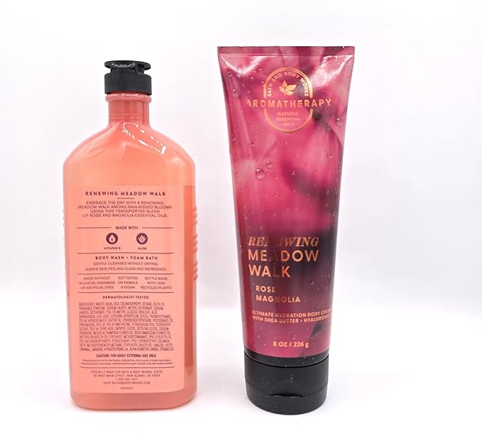 Bath and Body Aromatherapy Renewing Meadow Walk Rose Magnolia Body Wash and Body Cream Set 10 fl oz and 8 oz