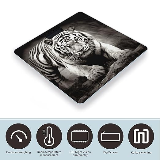 Black and White Tiger Scale for Body Weight Safe Rounded Corners Tempered Glass Digital Bathroom Scale LED Display 400lb Capacity Weight Scales with High Precision Sensors