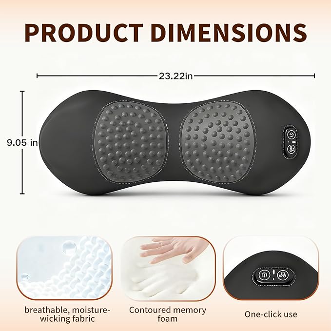 Portable 3-in-1 Rechargeable Pillow: Triple Fusion Back Massager Smooth Spine Massager Sciatica &amp Lumbar Massager with Heat Vibration Traction
