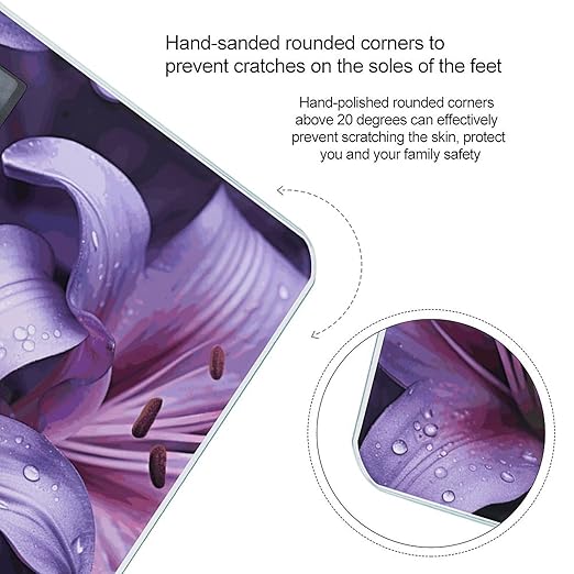 Purple Lily Flowers Scale for Body Weight Anti-Slip Digital Bathroom Scale Sturdy Toughened Glass Weighing Scales High Precision Safe Rounded Corners Smart Scales