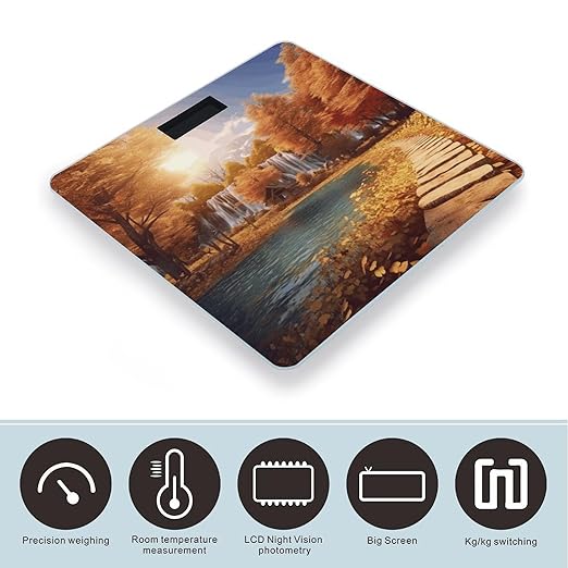 Autumn Scene Pattern Scale for Body Weight Anti-Slip Tempered Glass Digital Bathroom Scales Clear LCD Display Weighing Scale Safe Rounded Corners Smart Scales