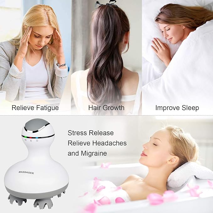 cotsoco Electric Scalp Head &amp Back Massager Cordless Hair Massage Waterproof Head Massager with 4 Heads 84 Nodes for Hair Growth Stress Relief &amp Deep Clean Gifts for Men Women White