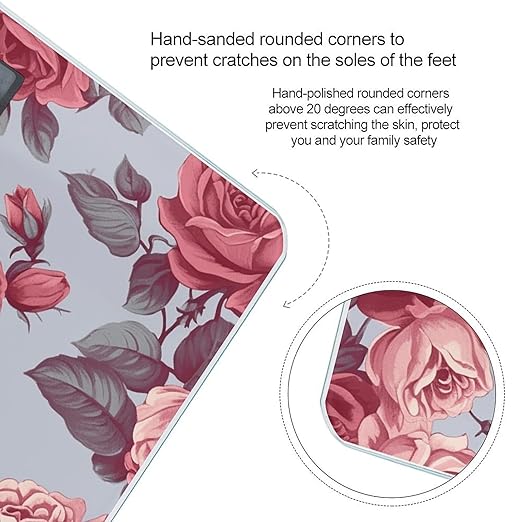 Red Roses Floral Scale for Body Weight Anti-Slip Tempered Glass Digital Bathroom Scales Clear LCD Display Weighing Scale Safe Rounded Corners Smart Scales