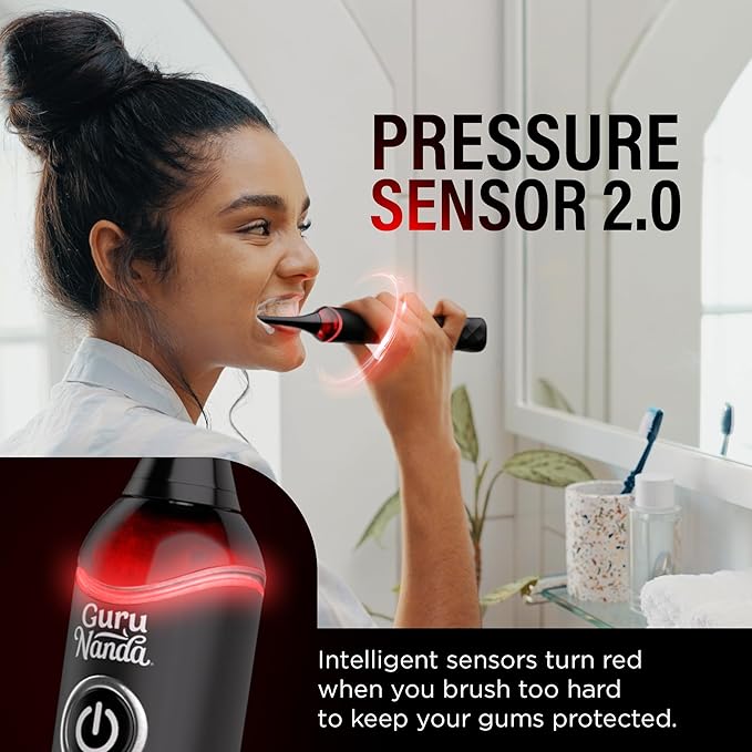 GuruNanda Pressure Sonic 2.0 Electric Toothbrush with Butter On Gums Bristles – Smart Pressure Sensor 5 Modes 2-Min Timer 55-Day Rechargeable Battery IPX7 Waterproof Black