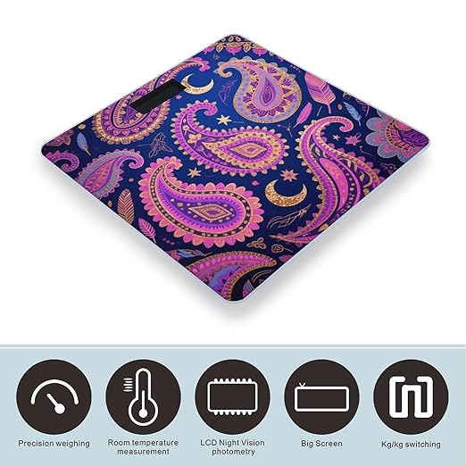 Bohemian Paisley Printed Bathroom Scale for Body Weight Bathroom Digital Electronic Weighing Scale with Back Lit LED Display Sturdy Tempered Glass Weight Watchers Scales 400lb