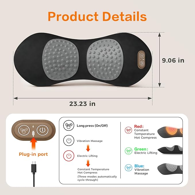 3-in-1 Electric Lumbar Support Pillow for Bed and Chair Triple Fusion Back Massager with Heat Vibration &amp Traction Designed for Lower Back Comfort and Spine Support
