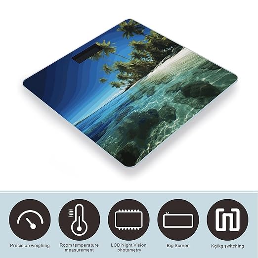 Palm Trees and Clear Sea Scale for Body Weight Anti-Slip Digital Bathroom Scale Sturdy Toughened Glass Weighing Scales High Precision Safe Rounded Corners Smart Scales