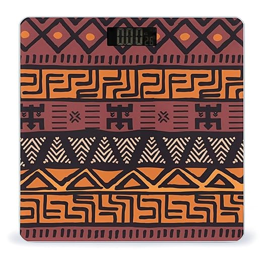 African Mud Cloth Tribal Scale for Body Weight Anti-Slip Sturdy Tempered Glass Weighing Machine Highly Digital Accurate Bright LCD Bathroom Scale for Household Gift