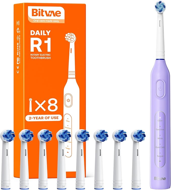 Bitvae R1 Rotating Electric Toothbrush with 8 Brush Heads for Adults and Kids 60-Day Battery Life 5 Modes Rechargeable Power Toothbrush with 2-Minute Smart Timer Purple