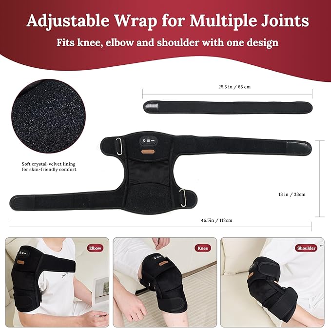 Red Light Therapy Wrap with Heat &amp Vibration 660nm 850nm 940nm Near Infrared Wireless 5000mAh Controller 30‑Min Auto‑Off for Knee Elbow Shoulder (BLACK-1-PACK)