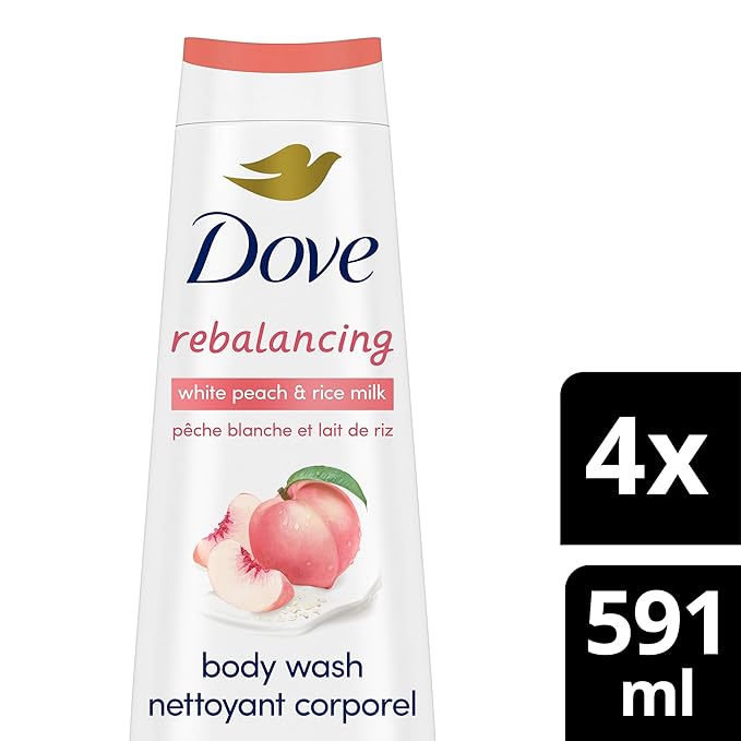 Dove Body Wash Rebalancing White Peach &amp Rice Milk 4 Count for Renewed Healthy Looking Skin Moisturizing Gentle Skin Cleanser with 24hr Renewing MicroMoisture 20 oz