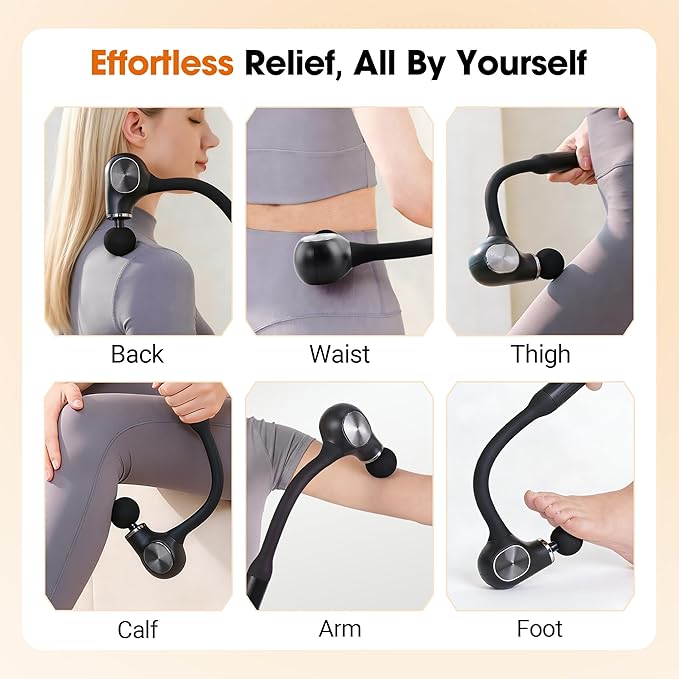 Brushless Motor Massage Gun with Upgraded Extension Handle Back Massager for Pain Relief Deep Tissue with 4 Massage Heads &amp 5 Speed Levels &amp 3 Massage Modes Black Silver