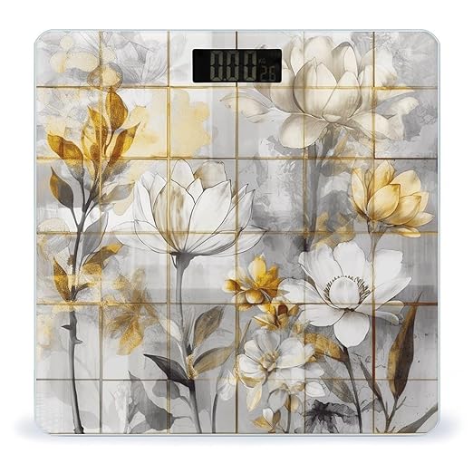 Beige Flower Bud Pattern Scale for Body Weight Accurate Digital Bathroom Scale Toughened Glass High Precision Scales Smart Weight Scales with Large LCD Backlight Display Weighing Machine
