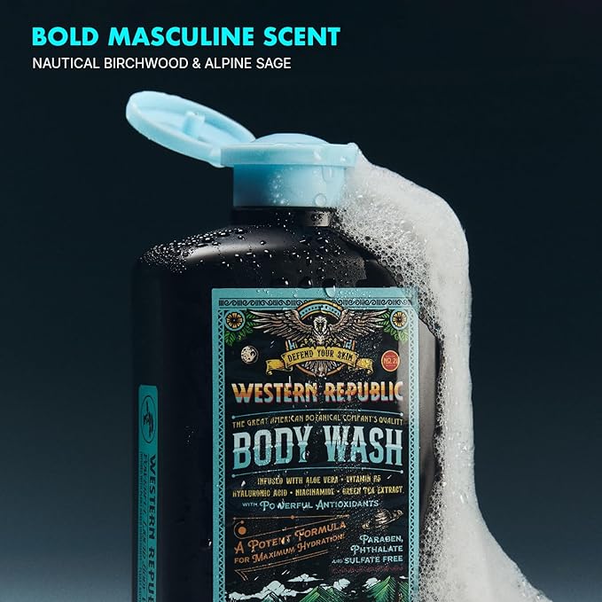 Men's Body Wash | Nautical Birchwood &amp Alpine Sage and Aviator's Eucalyptus &amp Fresh Citrus | Hydrating &amp Anti-Aging Formula with Aloe Niacinamide &amp Hyaluronic Acid (2 Pack) | Made in