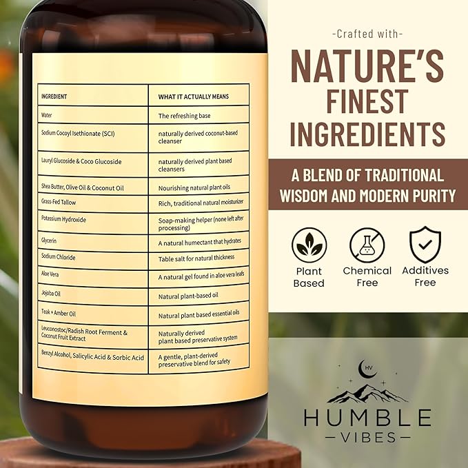 New! Natural Tallow Body Wash Made With Naturally Derived Plant Based Ingredients &amp Tallow Free of Harsh Chemicals Great for Eczema Itchy Dry Skin Moisturization Teakwood &amp Amber