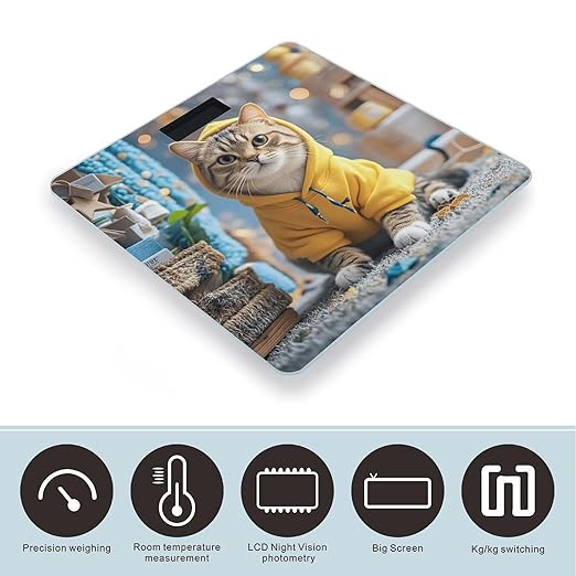 Cat in Yellow Hoodie Bathroom Scale for Body Weight Bathroom Weighing Scales with Back Lit LED Display Sturdy Tempered Glass Body Weight Bathroom Scale 400lb Weighing