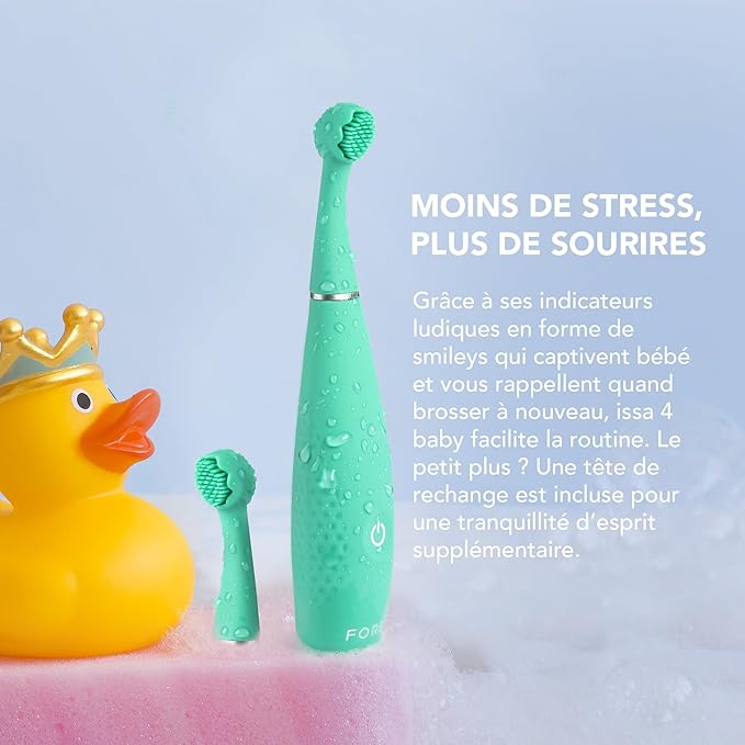 FOREO ISSA 4 Baby – Silicone Sonic Electric Toothbrush Bundle for Babies 2-Sided Bristles Fun Smile Feature Gum Massage 12 Months of Care with Extra Brush Head Travel-Friendly - Kiwi Green