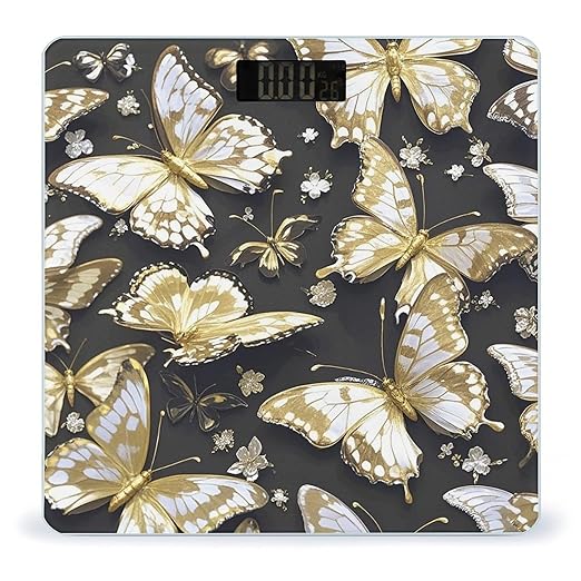 Gold White Butterflies Black Bathroom Scale for Body Weight with High Precision Large LCD Backlight Display Digital Weighing Scale with BMI Capacity Up to 180kg
