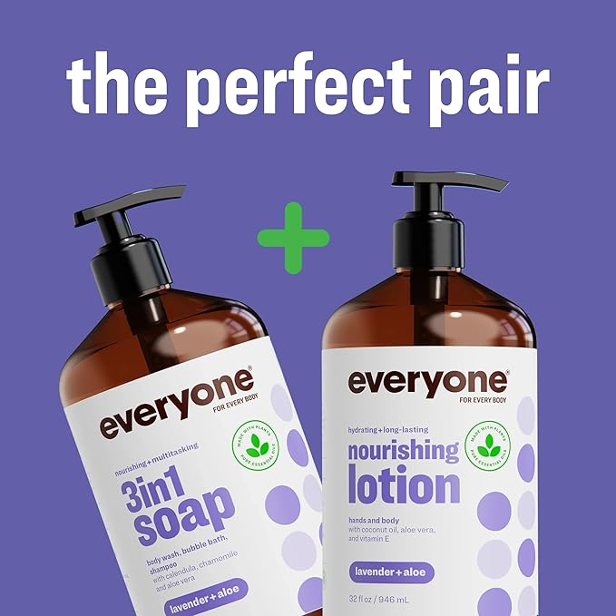 Everyone 3-in-1 Soap Body Wash Bubble Bath Shampoo 32 Ounce (Pack of 2) Lavender and Aloe made with Essential Oils for Men and Women