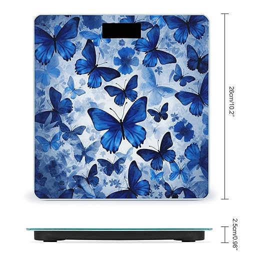 Blue Butterflies Scale for Body Weight Safe Rounded Corners Tempered Glass Digital Bathroom Scale LED Display 400lb Capacity Weight Scales with High Precision Sensors