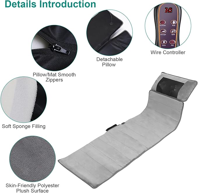 Full Body Massage Mat with Heating Vibration Back Massage Chair Pad with Shiatsu Neck Massage Pillow for Pain Relief 10 Vibration Motors &amp Wired Remote Gifts for Men Women