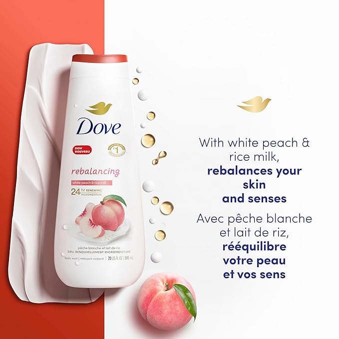 Dove Body Wash Rebalancing White Peach &amp Rice Milk 4 Count for Renewed Healthy Looking Skin Moisturizing Gentle Skin Cleanser with 24hr Renewing MicroMoisture 20 oz