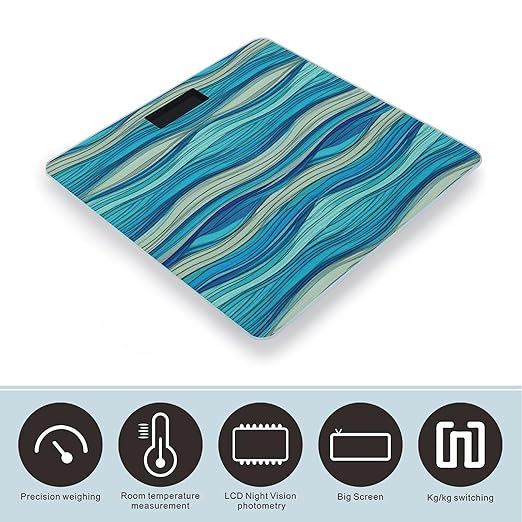 Ocean Stripe Pattern Digital Bathroom Scale for Body Weight with High Precision Digital Weighing Scale with BMI Clear LCD Display and Step-On Measures Weight Up to 180kg