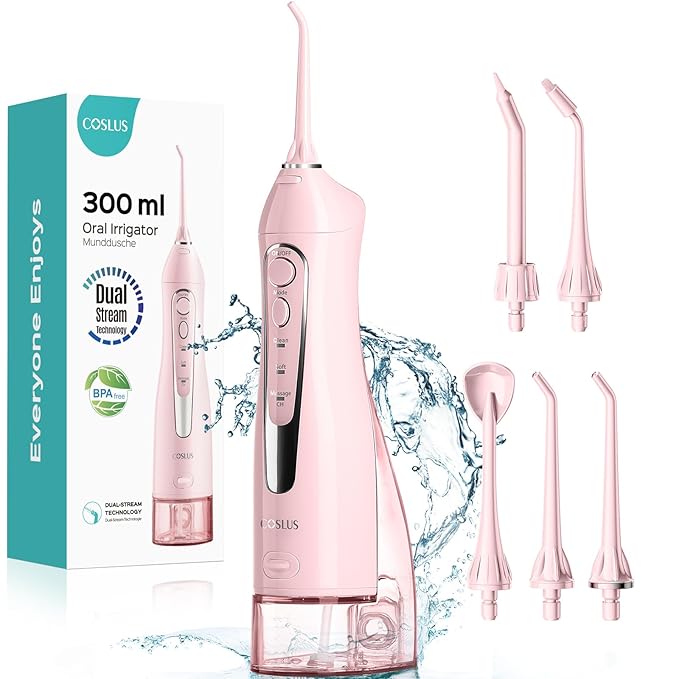 COSLUS Water Dental Flosser Teeth Pick C20(F5020E): Portable Cordless Oral Irrigator 300ML Rechargeable Travel Irrigation Cleaner IPX7 Waterproof Electric Flossing Machine for Teeth Cleaning Pink