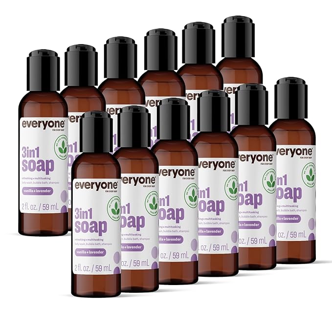 Everyone 3-in-1 Soap Body Wash Bubble Bath Shampoo Travel Size 2 Ounce (Pack of 12) Vanilla and Lavender made with Essential Oils for Men and Women