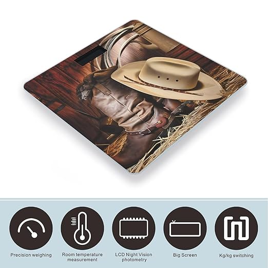 Cowboy Black Hat Western Boots Scale for Body Weight Anti-Slip Sturdy Tempered Glass Weighing Machine Highly Digital Accurate Bright LCD Bathroom Scale for Household Gift