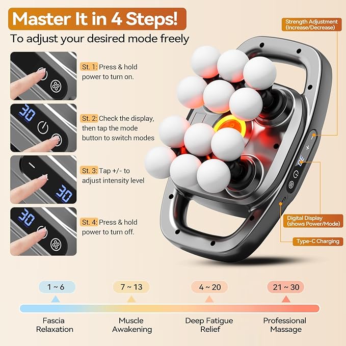 Gurui 12 Heads Massage Gun Deep Tissue with 3 Model &amp 30 Levels Cordless Quiet Back Massager for Pain Relief Deep Tissue Neck Massager Birthday Gifts for Men