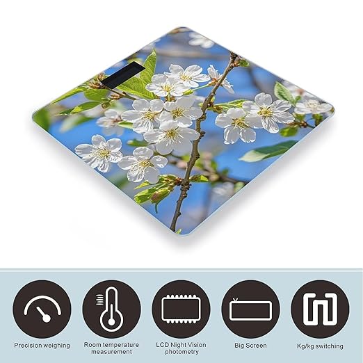 Beautiful Spring Cherry Blossoms Bathroom Scale for Body Weight Bathroom Weighing Scales with Back Lit LED Display Sturdy Tempered Glass Body Weight Bathroom Scale 400lb Weighing