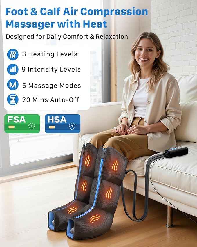 Air Compression Leg Massager with Heat : MUSUGY Sequential Foot and Calf Massager for Circulation and Pain Relief with 9 Intensity 6 Modes 3 Heat - for Mom Dad Standing Jobs &amp Daily Relaxatio