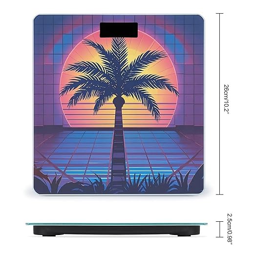 Palm Tree Sun and Grid Bathroom Scale for Body Weight Bathroom Weighing Scales with Back Lit LED Display Sturdy Tempered Glass Body Weight Bathroom Scale 400lb Weighing