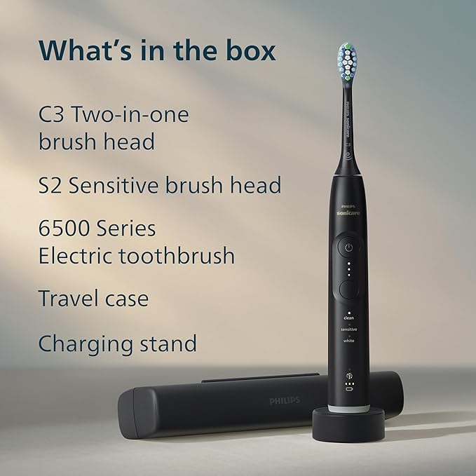 Philips Sonicare 6500 Series Electric Toothbrush - Next-Generation Sonicare Technology Pressure Sensor 9 Brushing Settings SmarTimer BrushPacer 21-Day Runtime Travel Case Black HX7411/08