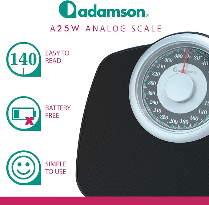 Adamson A25T Scales for Body Weight - Up to 400 LB - 5.3 Dial on 12.4 x 10.2 Platform - Anti-Skid Rubber Surface - High Precision Bathroom Scale Analog - Durable with 20-Year Assurance