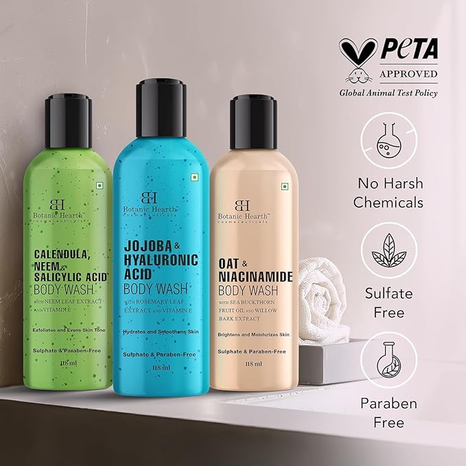 Body Wash Set of 3 – Jojoba Oat &amp Neem | Soothing &amp Exfoliating Shower Gel with Niacinamide &amp Salicylic Acid | Deep Cleansing &amp Hydrating | For All Skin Types | 118ml Each