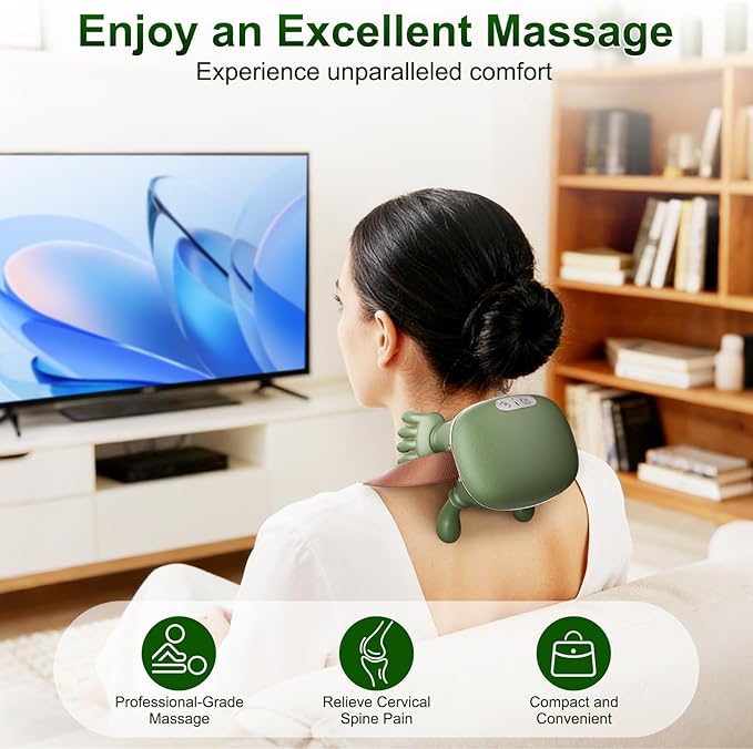 Neck Massager Neck and Back Massager with Heat &amp 4D Kneading Shiatsu Deep Tissue Wireless Massager for Shoulder Cervical Pain Relief Portable Rechargeable for Home Office (Green)