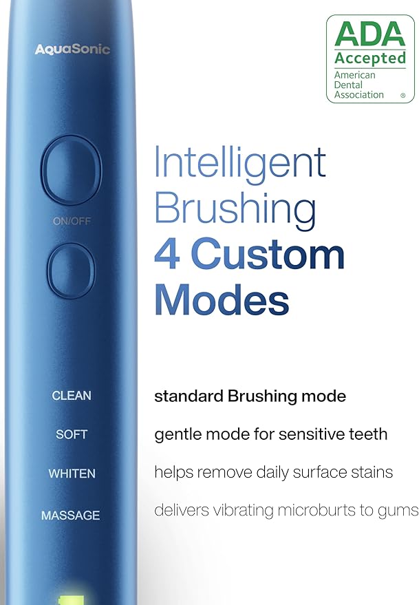 Aquasonic Vibe Series Ultra-Whitening Toothbrush – ADA Accepted Electric Toothbrush - 8 Brush Heads &amp Travel Case – 40000 VPM Motor &amp Wireless Charging - 4 Modes w Smart Timer – Sapphire Blue