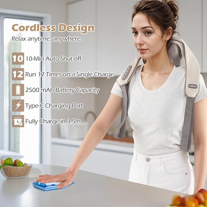 COSTWAY Neck Shoulder Massager with Heat 4D Deep Tissue Kneading Shiatsu Machine for Pain Relief Portable Cordless Neck Back Leg Massager Pillow Gift for Mom Dad Family Women Men (Beige)