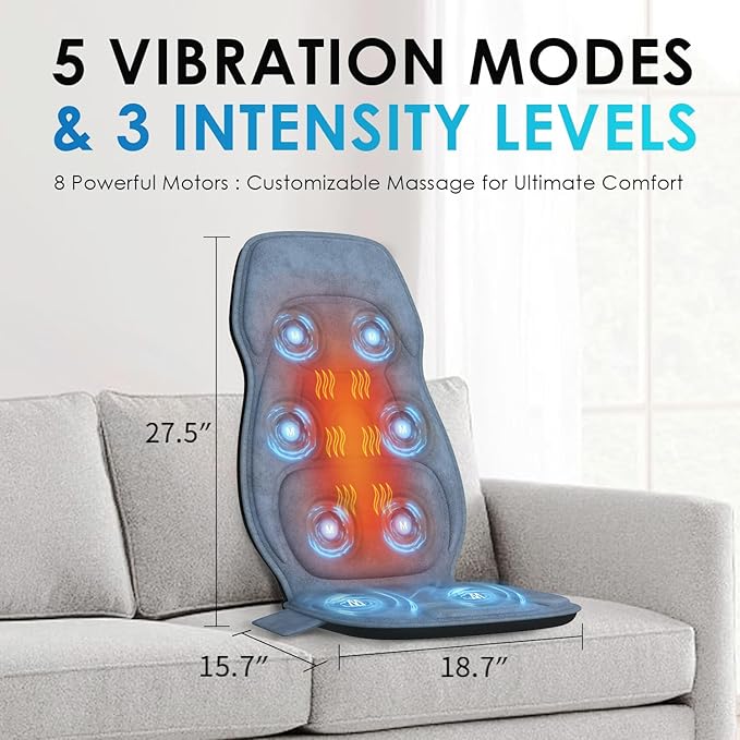 Back Massager with Soft Plush Fabric Cover Massage Seat Cushion with 8 Vibration Motors &amp 2 Heating Levels Chair Massager for Recliner Office Chair Sofa Use Gifts for Dad Mom