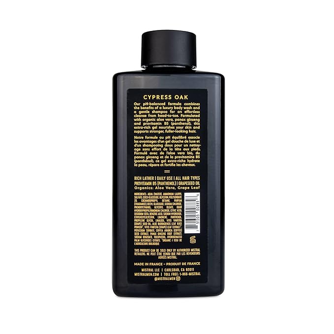 Mistral Men's Body Wash &amp Shampoo Cypress Oak 13.5 oz | 2-in-1 Natural Shower Gel for Men | SLS Paraben &amp Phthalate Free | Natural Men’s Body Wash Moisturizing Bath Gel - Made in France